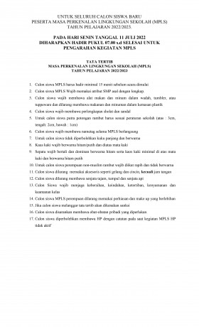 INFORMASI PESERTA MASA PERKENALAN LINGKUNGAN SEKOLAH (MPLS)  TAHUN PELAJARAN 2022/2023.